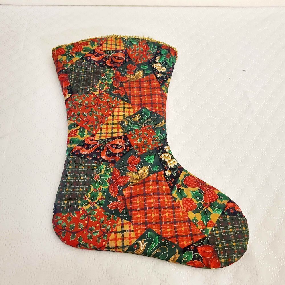 Vtg Quilted Multi-Print Christmas Stocking